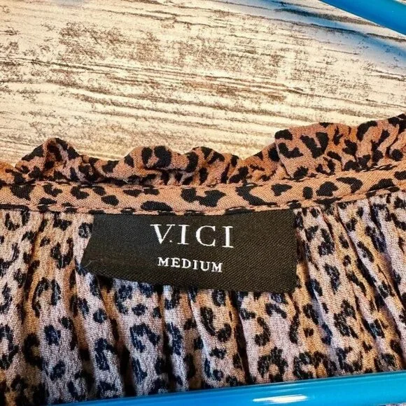VICI Tiered Midi Dress Size Medium Tan/Black Leopard/Cheetah Print Tie Front - Picture 3 of 16